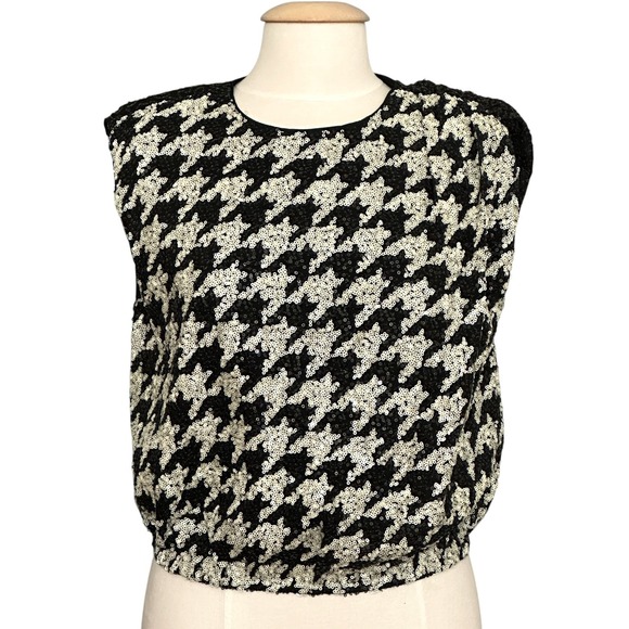 Express Womens Top S Black Houndstooth Sequin Retro Cocktail Going Out Party - Picture 1 of 15